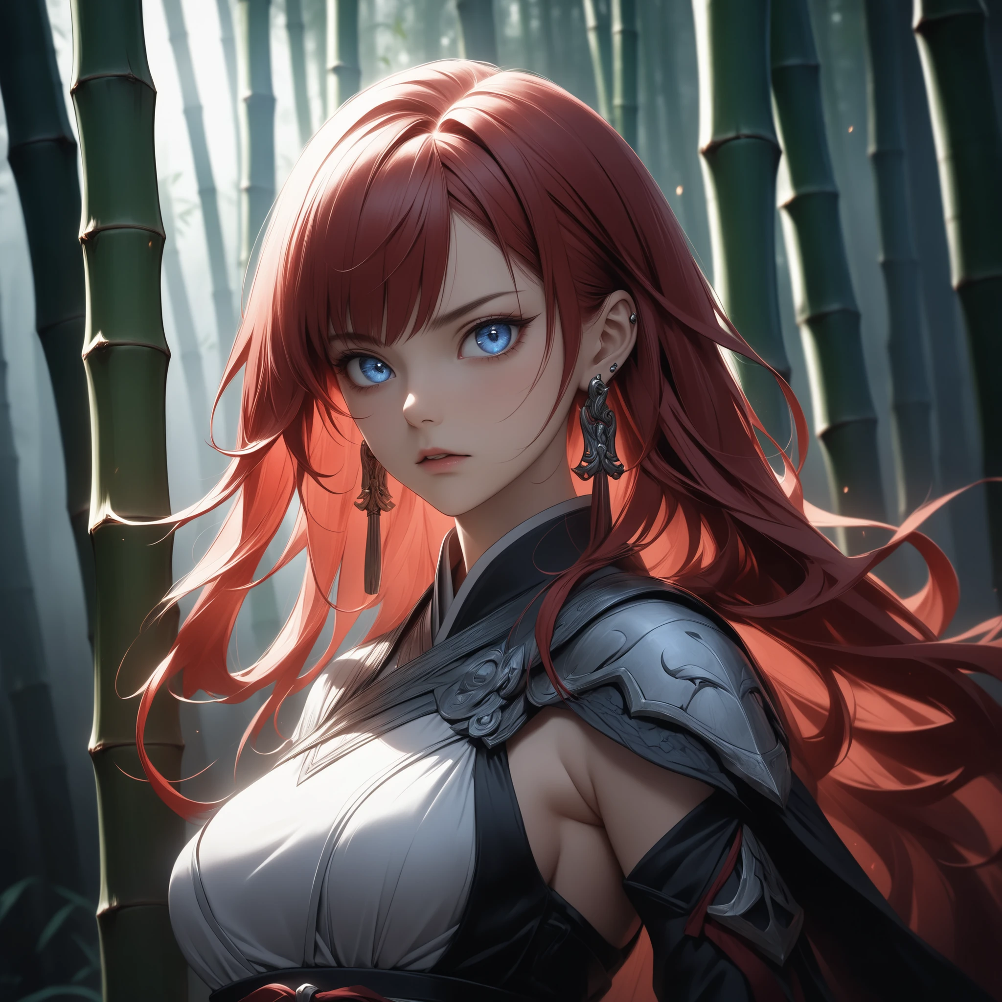 ((extreme quality)), ((Masterpiece)), ((Enrich the picture,Masterpiece level quality)), red hair, long hair, medium breasts, blue eyes, fierce woman, ultra eyes details, RAW 4K, Realistically , ((great effect to highlight the subject)) , ( cinematic lighting, moody, textile shading), perfect proportions, ultra detailed, ultra background detailed, volumetric lighting, soft lighting, glossy skin, beautiful face, Special face details, strong emotions, elegant gesture, Detailed facial features, Long eyelashes, contrast, Incredible atmosphere, Fascinating setting, Haunting beauty , ear rings, sword woman master, ancient them, bamboo forest, hips up, serious face,