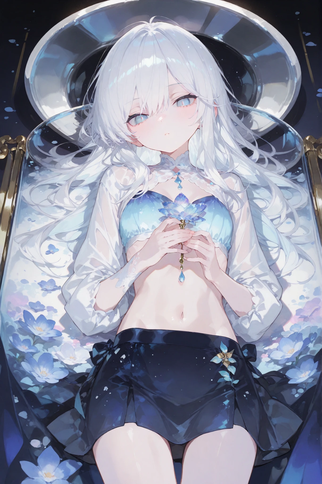Silvery white hair,light blue eyes, Droplets of Pupils,wallpaper,((best quality)),very beautiful,(Super Detail),bright colors,((very detailed)), (fair), ((pretty girl on a glass plate)), and my skin is white,((precise description)),high resolution,watercolor,(Masterpiece), (High Quality), (best quality),art, ( Slim),(16K), (High Quality), (最高のillustrations),(1 girl)(Glass shades (illustrations), long hair,(very delicate and beautiful),and larger, slender body, (Transparent fabric),miniskirt ,