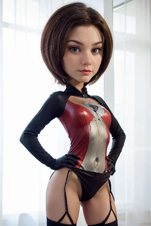 full body kneeling bondage girl, latex girl, lustful smile satisfied red blushing red cheeks, destroyed, chain strap, (hands behind head), grilleteDSM, high collections (Black background)