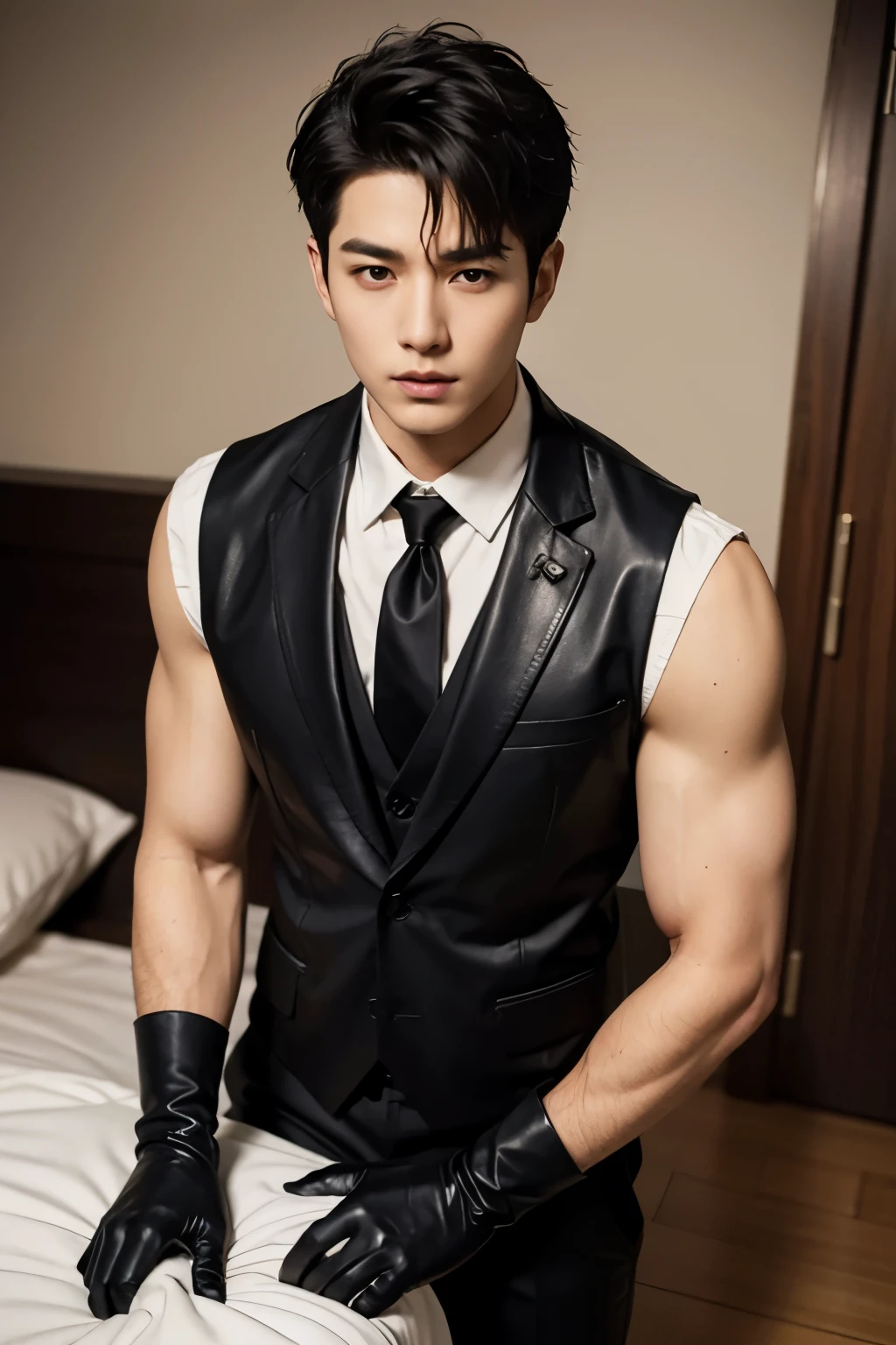 Highest quality, masterpiece, Ultra-high resolution, (Realistic: 1.4), Original photo, wallpaper, Head Photo, skin, Simple Background, iris, detailed, Underground Prison, Crucifixion,male,Half naked, Japanese,Age 27,carpenter,chest plate is thick,7:3 parting,Fair skin, Black bow tie, Black trunks,Shackles at both wrists,Leg spread,damp armpit