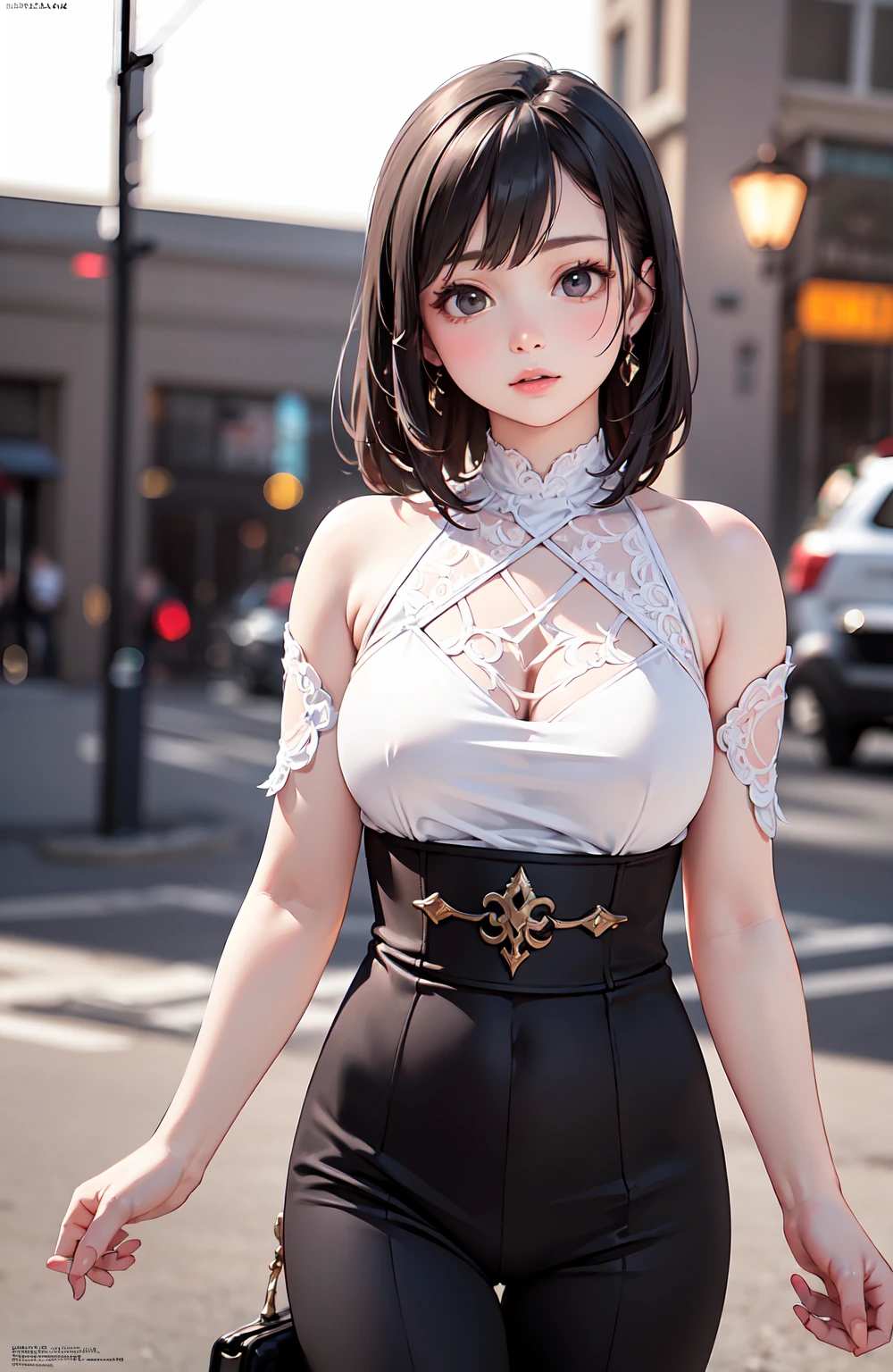 sexy girl showing her underwear, ((upskirt)), sexy underwear, sheer pantyhose, long stockings, skirt, shorts, cityscape, (detailed face), blush, detailed eyes, detailed, detailed hand, photorealistic image.