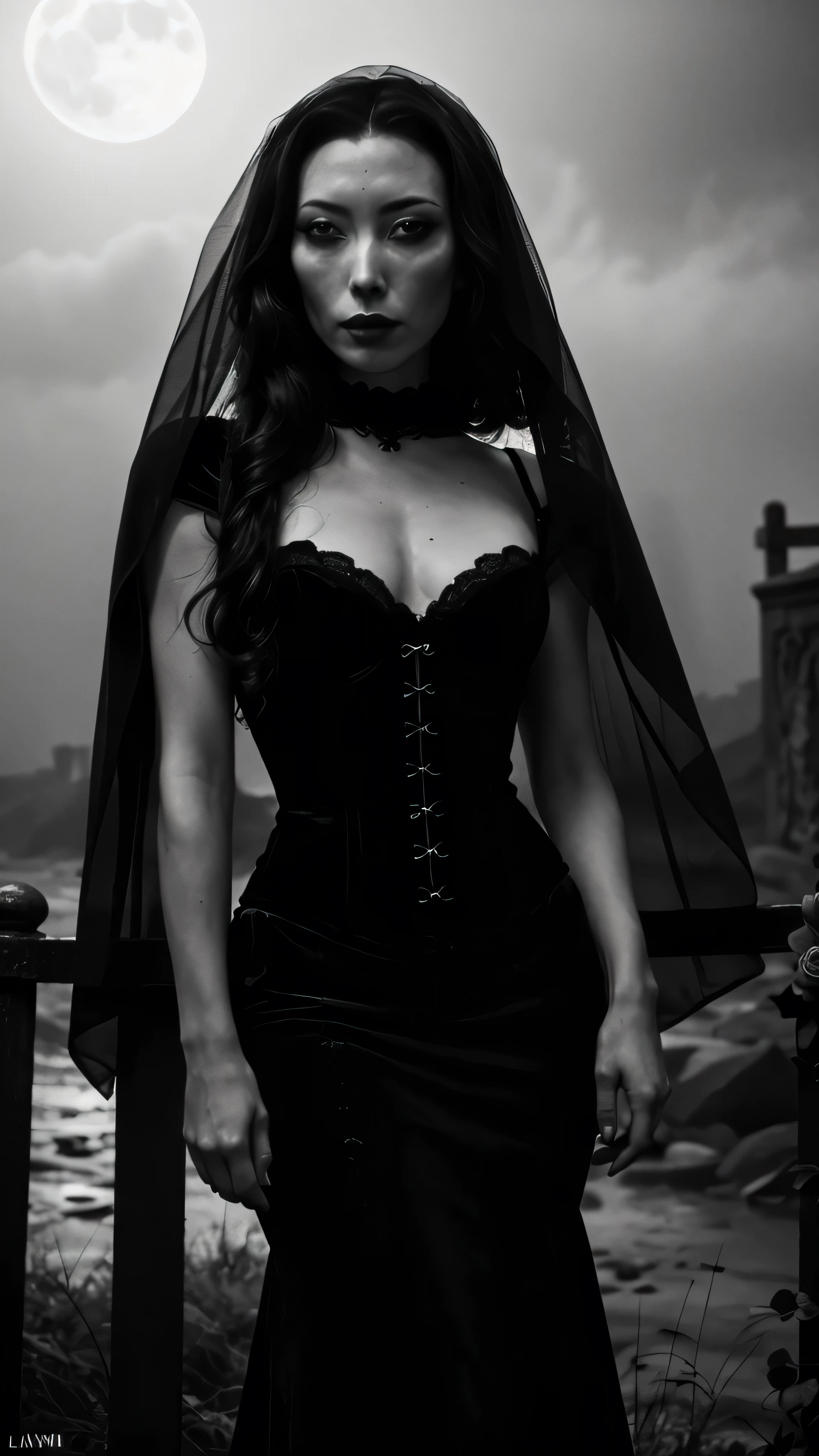 ((masterpiece:1.3), (best quality:1.3), Dichen Lachman as Morticia Addams, elegant black gothic wedding dress with lace and velvet details, veil, long train, corset bodice, standing, in a moonlit Victorian graveyard, pale skin, long black hair flowing in the wind, high cheekbones, dark eye makeup, deep red lips, holding a black rose bouquet, dramatic lighting, fog in the background, antique wrought iron fence, gothic horror aesthetic, cinematic composition, hyperrealistic, 4K resolution