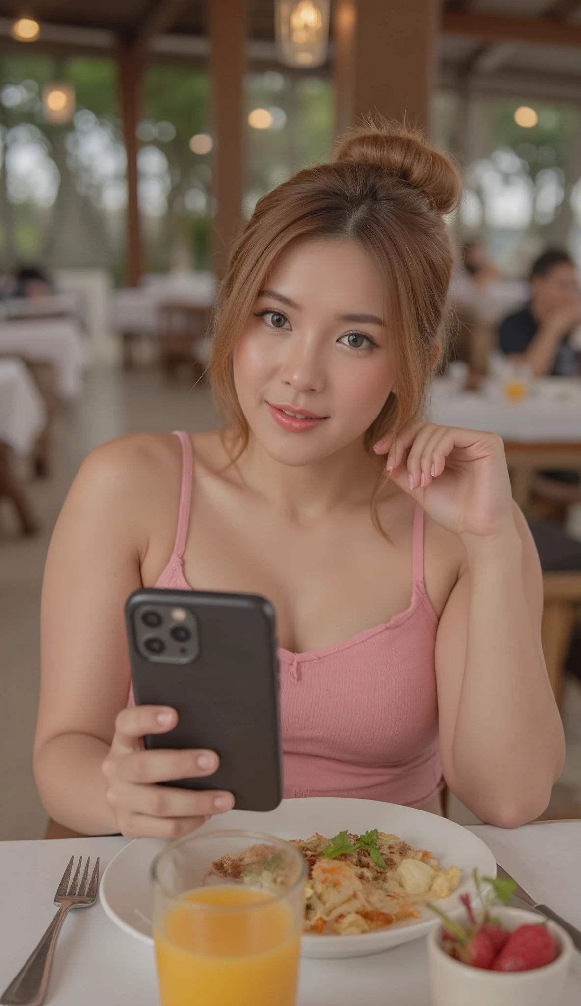 (Realistic images) (16K clarity images) (Full body photography) The wide-angle shot clearly shows the details of a 20 years old beautiful and cute Thai woman. Cup C breasts. Proportional figure , Beauty leg , Long gold hair tied in a bun. She is holding a black iPhone 17 and looking at the screen with smial, She wears a sultry yet elegant short white  dress, draping gracefully over her figure. She sexy sit on chair with breakfast table in resterants of resort with there are many tables of people sitting and eating.