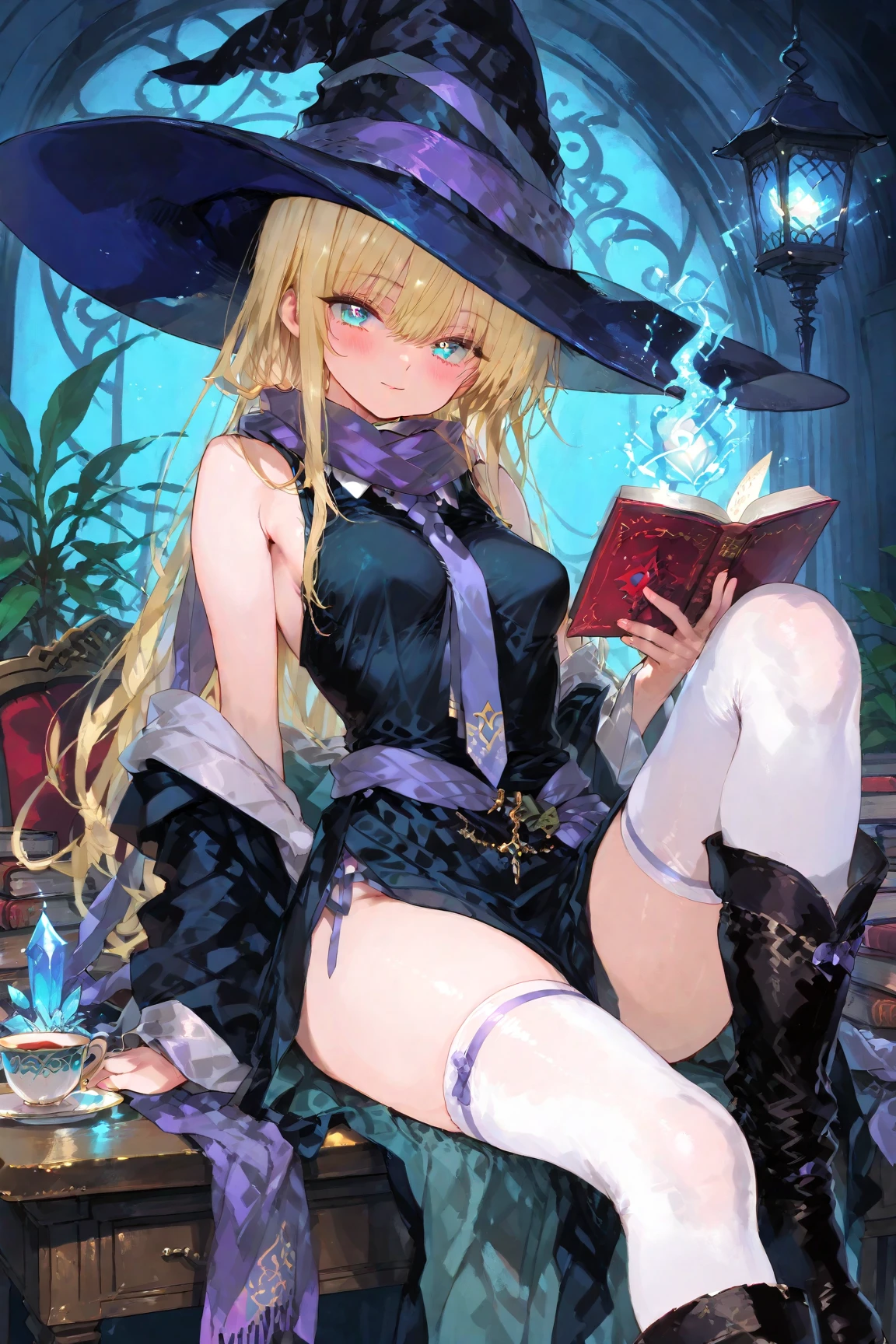 Anime girl sitting on a pile of books，With a hat on, marisa kirisame, flirty anime witch casting magic, witch academia, pretty sorceress, classical witch, by Kamagurka, the witch, alchemist girl, dramatic reading spell book pose, Mage, kirisame marisa, beautiful female witch, spellcasting pose, artbook artwork