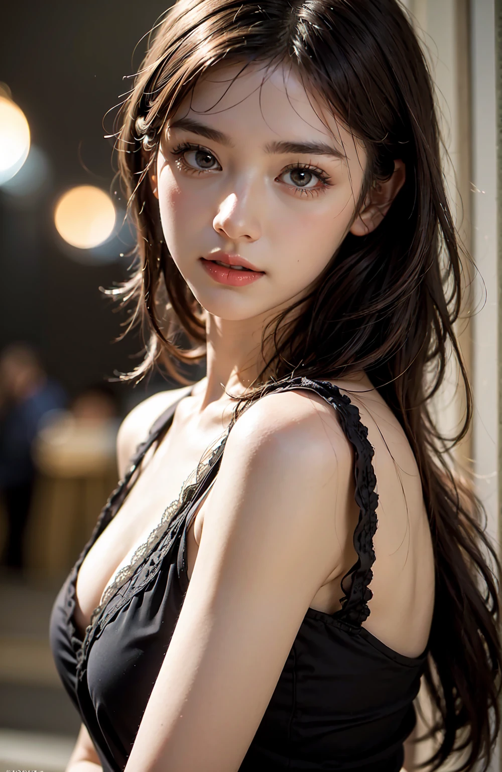 (Ultra Realistic), (Illustration), (Increased Resolution), (8K), (Extremely Detailed), (Best Illustration), (Beautiful and Detailed Eyes), (Best Quality), (Ultra Detailed), (Masterpiece ), ( wallpaper), (detailed face), solo, 1 girl, looking at viewer, fine details, detailed face, in the dark, deep shadows, low key, pureerosfaceace_v1, smiling, long hair, black shawl straight hair , 46 points oblique bangs
