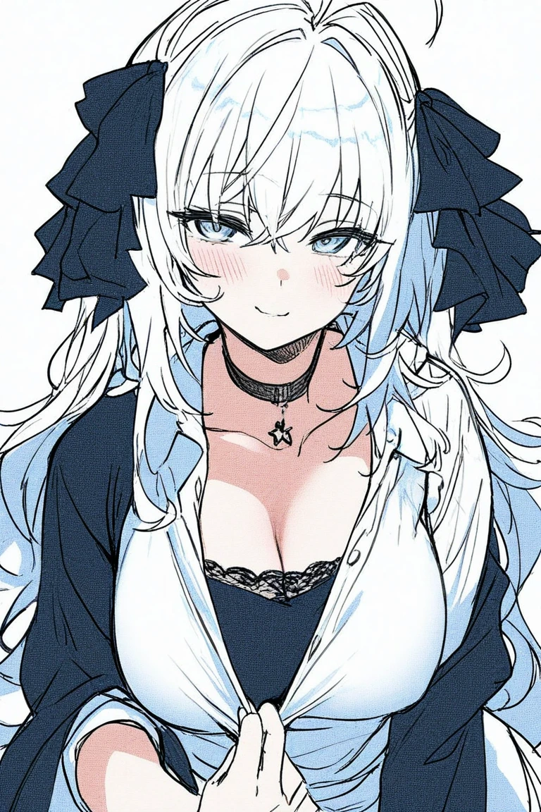 white hair, large hair, blue eyes, black dress, seductive smile,
normal chest, young woman,