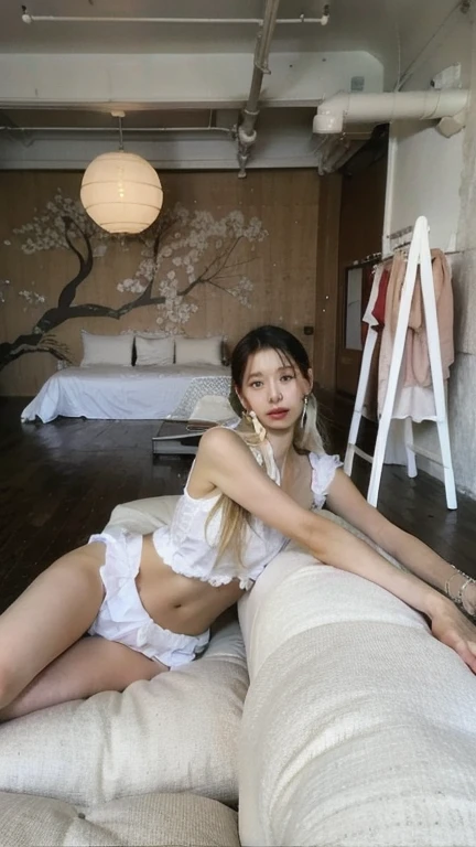 ((Top Quality, 8k, Masterpiece: 1.3)), solo, 1 girl, sexy,  Beautiful girl with accentuated slender abs: 1.4, (Random hairstyle, flat breasts: 1.2),  Ultra detailed face, detailed eyes, double eyelids, Selfie, (body builder:0.8),(beautiful small hard nipple:1.4),(white microbikini without bra-pad),(spread legs:1.2),on the gold bed,(shiny skin:1.2),(muscle arm:1.3),(muscle leg:1.3),(lie down:0.8),(blonde hair:1.0),necklace,(earrings:1.3),(curly short hair:1.3)