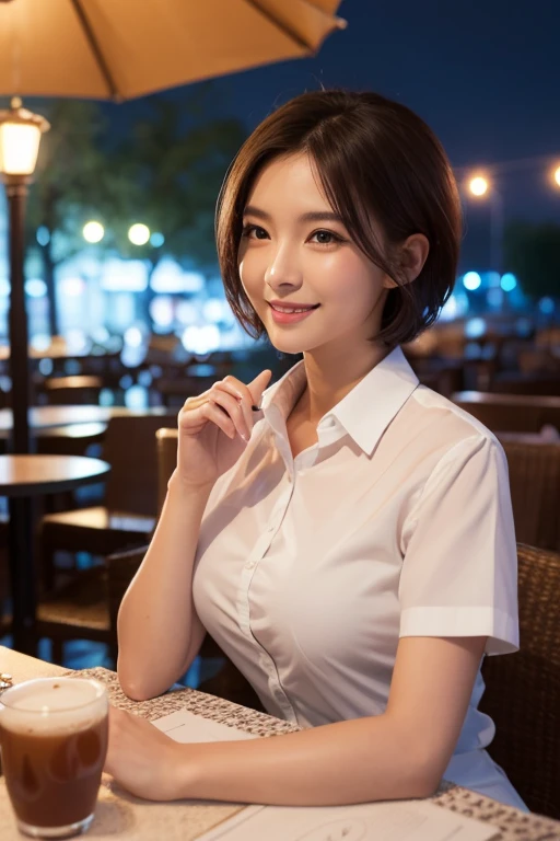 (8k, Best Quality, Masterpiece: 1.2), (Realistic, Photorealistic: 1.37), Super Detailed, 1 Girl, Cute, Alone, Beautiful Detailed Sky, Detailed Cafe, Night, Sitting, Date, ( Nose blush), (smile: 1.15), (close mouth) small breasts, beautiful details, (collared shirt: 1.1), night, wet, business wear, rain, white lace, (short hair: 1.2), floating Hair NovaFrogStyle,