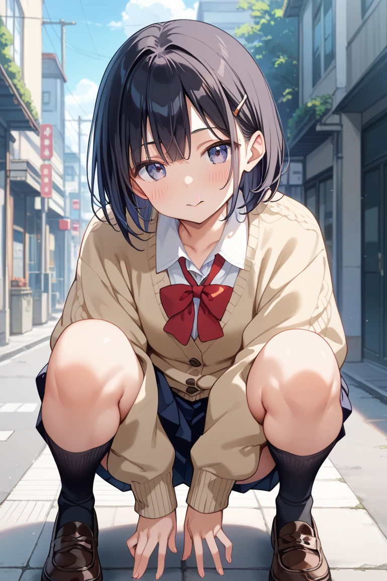 1 girl,Blushing,embarrased, sitting over, (((female giant))),Giantess art, Giantess, The girl is 50 meters tall,((Full body shot)), ((Cute anime girl)), ((Cute catgirl)), ((Cat ears)), (((School uniform))), ((Tight clothes)), ((Pantyshot)), ((cameltoe)), 1 anime girl, ((Brown hair)), sitting over a modern miniature city, towering over buildings, ((Squatting over)), ((looking at viewer)), ((front footage)), ((perfect legs)), ((thick thighs)), squatting over modern miniature city,in the middle of a tiny miniature city, a girl taller than buildings, surrounded by tiny buildings, ((tiny people under her))