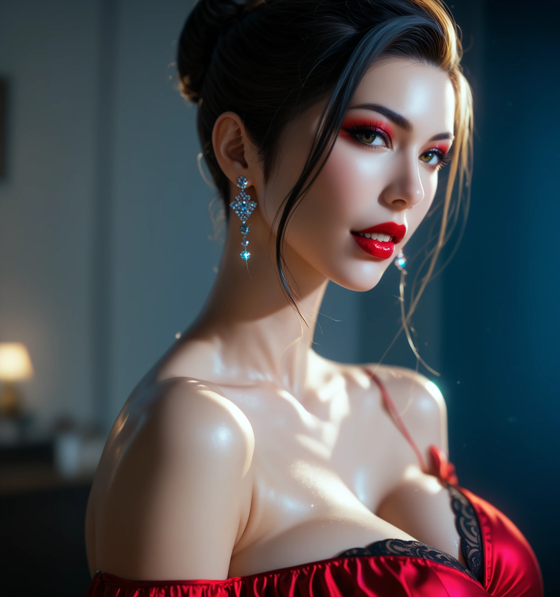 8k, masterpiece, RAW photo, best quality, photorealistic, extremely detailed CG unity 8k wallpaper, Depth of field, Cinematic Light, Lens Flare, Ray tracing, (extremely beautiful face, beautiful lips, beautiful eyes), intricate detail face, ((ultra detailed skin)), ((1girl:1.6)), ((alone:1.7)), ((seductive pose)), in the desert at night, deep shadow, [[Raiana-Elizabeth-Dilla]], pretty girl, (very slim slender fit-muscled body:1.3), ((beautiful legs:1.4)), ((looking at viewer)),(big smile:1), (sexy ((see-through)) ((ultra-short ((red:1.2)) Cowboy-style uniform))), ((classic scenery,nightlife,musiclife,western)), ((whiskey glass and bottles,blues music,cowboy hat)), (blurred background:1.4), ((without people in the background:1.5)), beautiful earrings, bracelets, necklace, red pendant, clear eyes, ((tattoos)), (pale skin), (face forward), ((whole-body-view)), ((full-body:1.8, cinematic shot)), soft lighting, (long black hairs), (looking at viewer:1.8), cleavage breasts, large breasts, touching the breast, highly detailed, ultra realistic, extremely detailed and realistic ((red:1.2)) clothes.