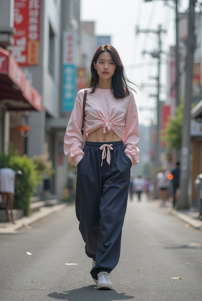 mira filzah walking and laughing, wearing pastel pink shorts in nighttime city, (mira filzah:1.3), wearing hijab, pastel color hijab, small tits, small breast, flat chest, bright lighting,