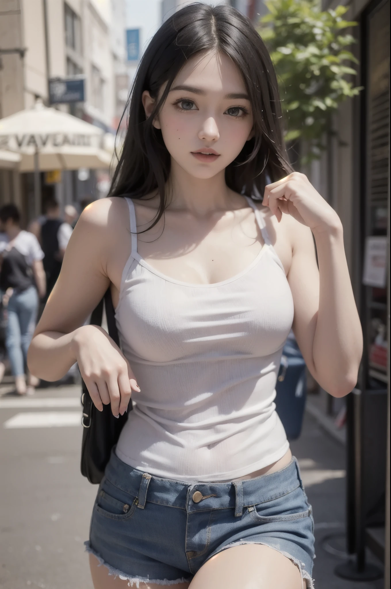 2 year old white female、Hair color is brunette、blue eyes、long hair、The ends of the hair are wavy、setting hair、accessories on wrist、wearing a necklace、has earrings、skin is smooth、Slender but muscular body、smile、Wearing a sleeveless black high-neck zipper-up top、wearing skinny jeans、I'm in the middle of Shibuya's scramble crossing、smile、I'm wearing a waist pouch、hands on hips