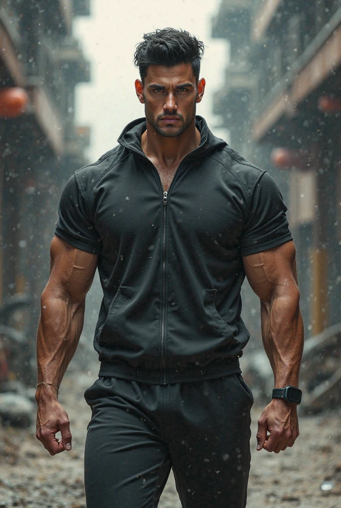 strong muscular man, street angry, backpack, epic realistic, photo, faded, complex stuff around, intricate background, soaking wet, neutral colors, ((((hdr)))), ((((muted colors)))), intricate scene, artstation, intricate details, vignette