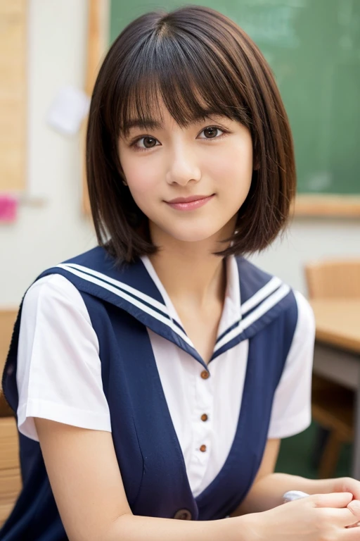 (((masterpiece))), (((full body photo,sitting))), (one beautiful girl, innocence,cute) ,ultra high resolution, reality, Super detailed, 8k,highest quality, very detailed, blurred background,thin,small breasts,(very beautiful japanese girl, detailed face:1.3), (short black hair :1.4), (baby face,cute系,adorable junior high school girl), (perfect body:1.1),((Navy blue junior high school student))、rosy cheeks,relieved look,Super detailedな顔、detailed lips、detailed eyes、small gravure idol,transparent skin、lolita,Photoreal:1.37、bright sunny day、Inside the family restaurant,warm food,Junior high school appearance,A busy store