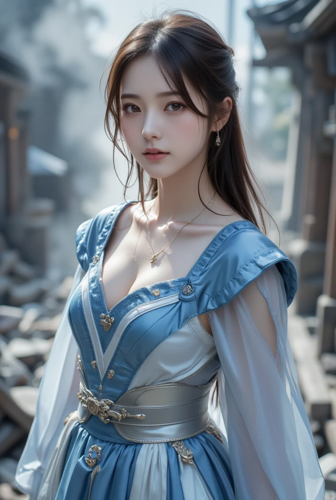 masterpiece、1 beautiful girl、fine eyes、smile、puffy eyes、highest quality, 超High resolution, (reality: 1.4), movie lighting、Japanese、asian beauty、Korean、super beautiful、三國無双8のWang Yuanjie,beautiful skin、body facing forward、close up of face、upper body close-up,(超reality的な)、(High resolution)、(8k)、(very detailed)、(美しくfine eyes)、(Super detailed)、 (wall-)、detailed face、bright lighting、professional lighting、looking at the viewer、look straight ahead、slanted bangs、perfect cosplay,(masterpiece, highest quality:1.2), cowboy shot, alone, 1 girl, Wang Yuanjie, No expression, closed mouth, looking at the viewer, sitting, ponytail, blonde,dress, cleavage cutout, cleavage