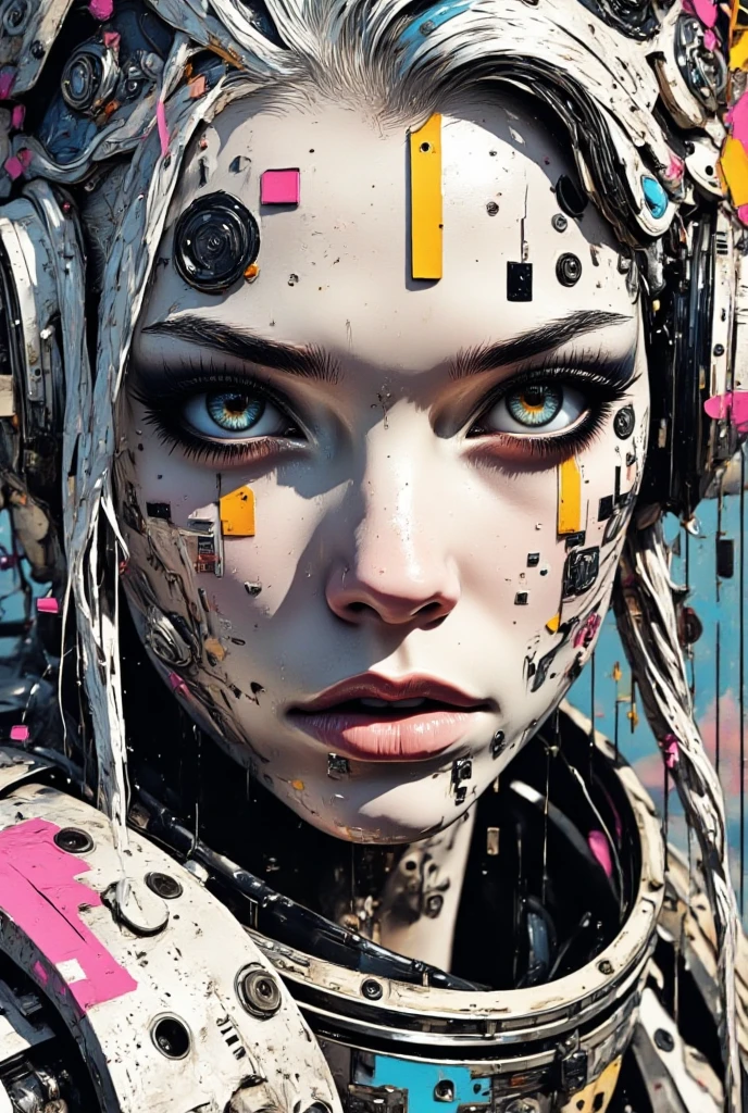 a cyborg robot, lights, scars, refractions, posing, ultradetailed, HD, 8K, highlights, good lighting, the most amazing effect, sci-fi,((art by carne griffiths and sean yoro))