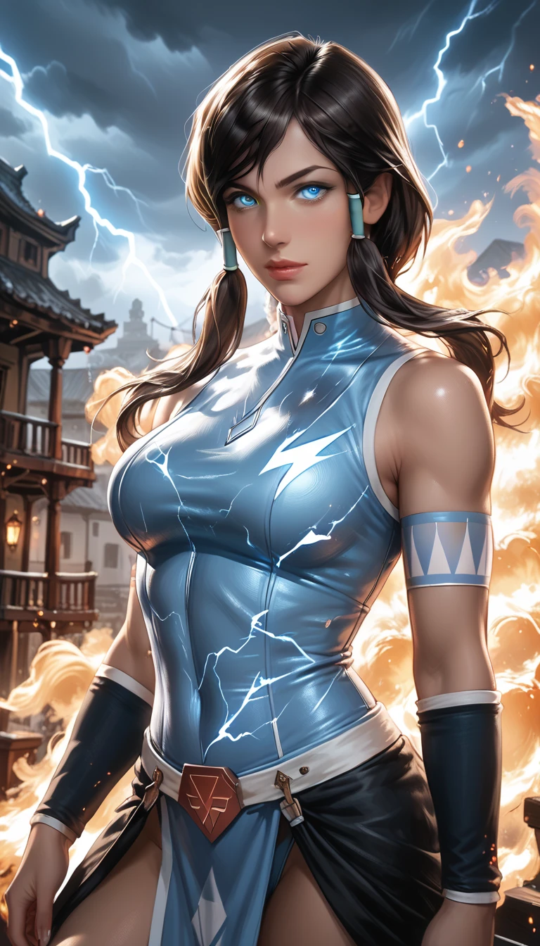 anime girl in a bikini posing in front of a building, oppai, biomechanical oppai, nishimiya shouko, nagatoro, Ecchi anime style, Kantai Collection Style, 8K!!, Gapmoe Yandere, shikamimi, anime moe art style, hanayamata, oppai proportions, sakimichan hdri, 1girl in、top-quality、masterpiece、超A high resolution、Lightning、A lot of lightning、Lightning's elemental energy to oneself、liquids、beautiful Girl、(The body is enveloped in lightning:1.8)、Fluorescent color、Grains of light、