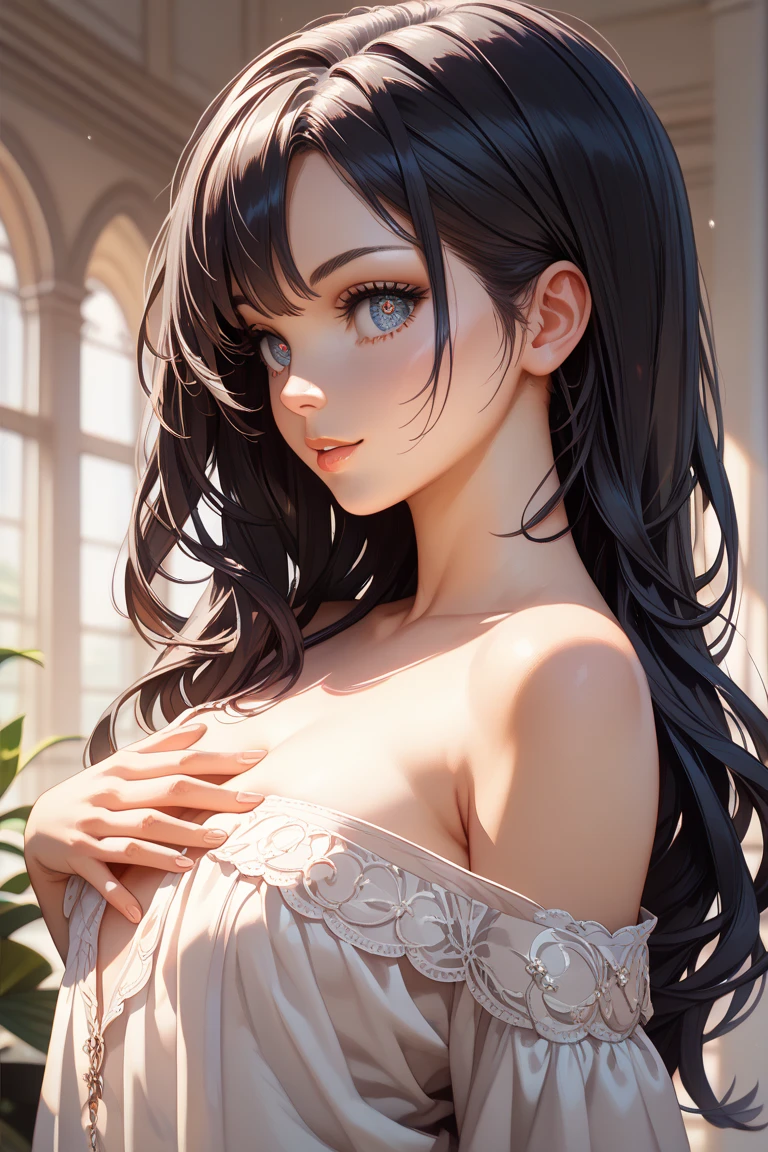 vector image, vibrant colours, smooth gradation, best quality, masterpiece, absurdres, ((isolated)), (deep dark black background), (detailed face and eyes:1.2), laughing, detailed beautiful eyes, eyelashes, glossy full lips, sensual, volumetric lights, sparkling lights, medium shot, half body shot, busty, full cleavage, curvaceous, Unimaginably beautiful girl, enchanting, glistening skin, bare shoulder, off shoulder, (((naked)))