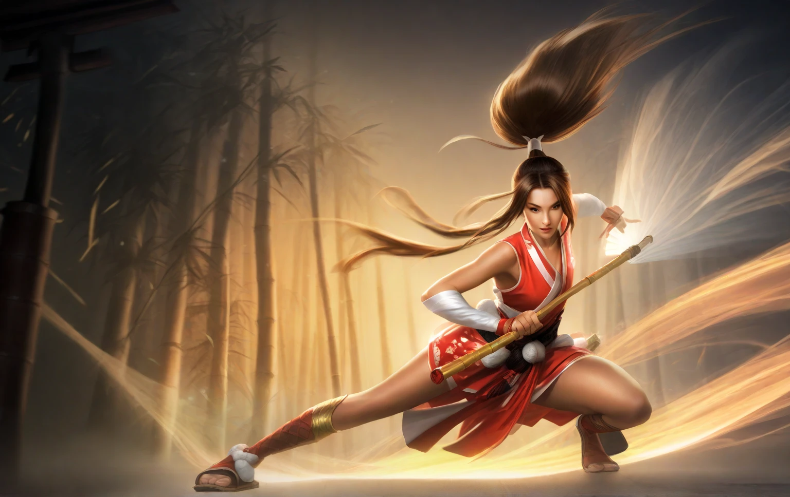 Ahri de League of Legends, foto do corpo todo, perfect hands, cabelos pretos e longos, nine fox tails on the tailbone, orelhas de raposa pretas, roupa de samurai vermelha, papel de parede, fundo em Iona, rosto sexy oriental, cabelos pretos escuros, imagem horizontal, celular