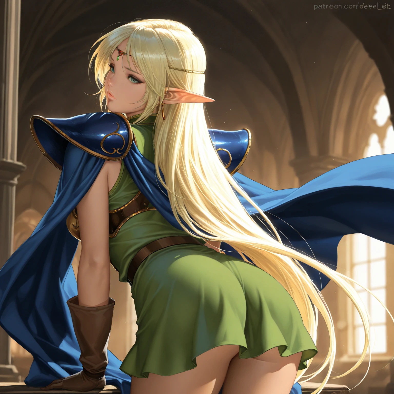 Create a fantasy image of a blonde, well-endowed barbarian warrior in a loincloth, nude, sitting in a field of colorful flowers with a black tower in the background, absurd, high resolution, ultra-sharp, 8K, masterpiece, looking at the viewer,(((from below)))