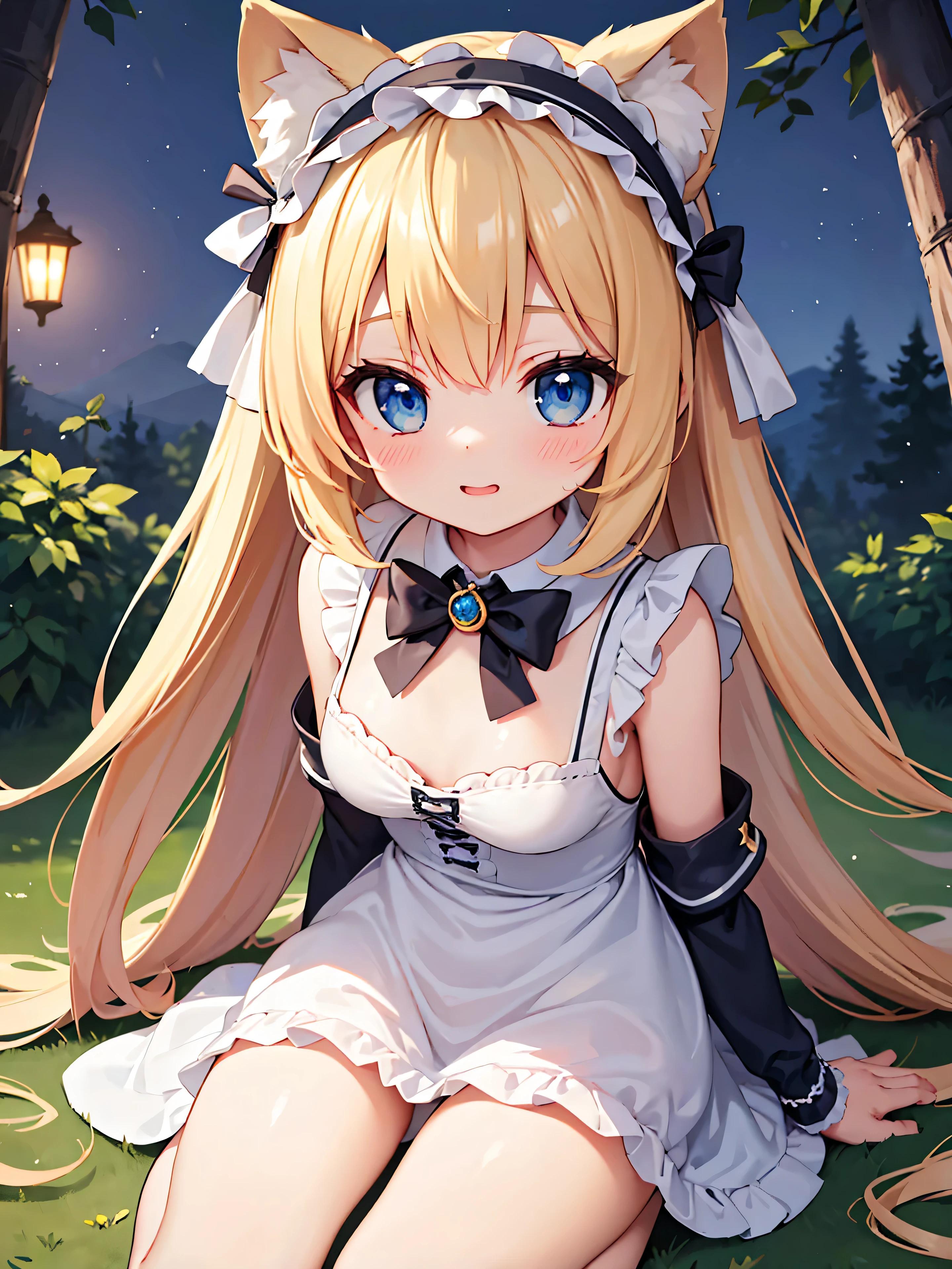 Highly detailed, high quality, masterpiece, beautiful, (all photo shooting), high angle, girl student, perfect eyes, blue eyes, light eyes, blushing face, happy face, cat girl, playing on a computer, big thighs, legs spread lying down, medium chest, short stature, long hair, blonde hair, with bracelet on hand, bow in hair, headband, with raccoon ears, with short maid outfit, with panties stuck between vagina, shows full panties, sexy, background image in a forest at night