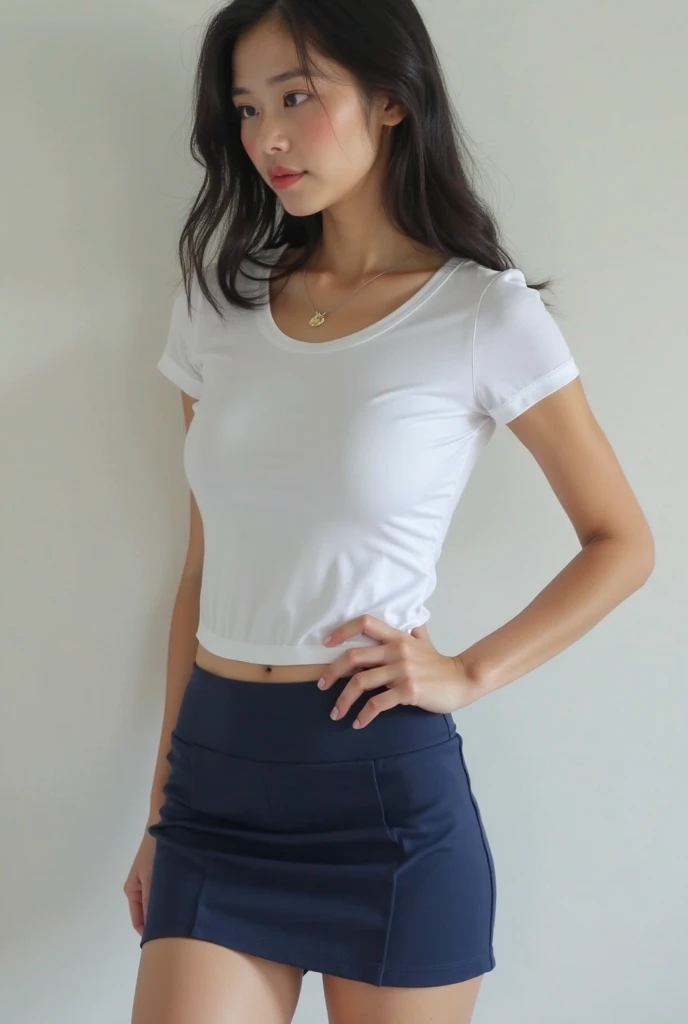 Open shirt, (((Leaning forward))), ((,Round face, Around 17 years old,mini skirt、loose tank top)), Long Hair, , Natural Makeup, Lips become thicker, Sexy Gaze, barefoot, ((Raise one leg)), Shooting from below,Gentle expression ,((Extremely precise and accurate anatomy)), (masterpiece:1.43), Perfect proportions, Realistic photos, Full Shot, whole body, (height: 165cm),