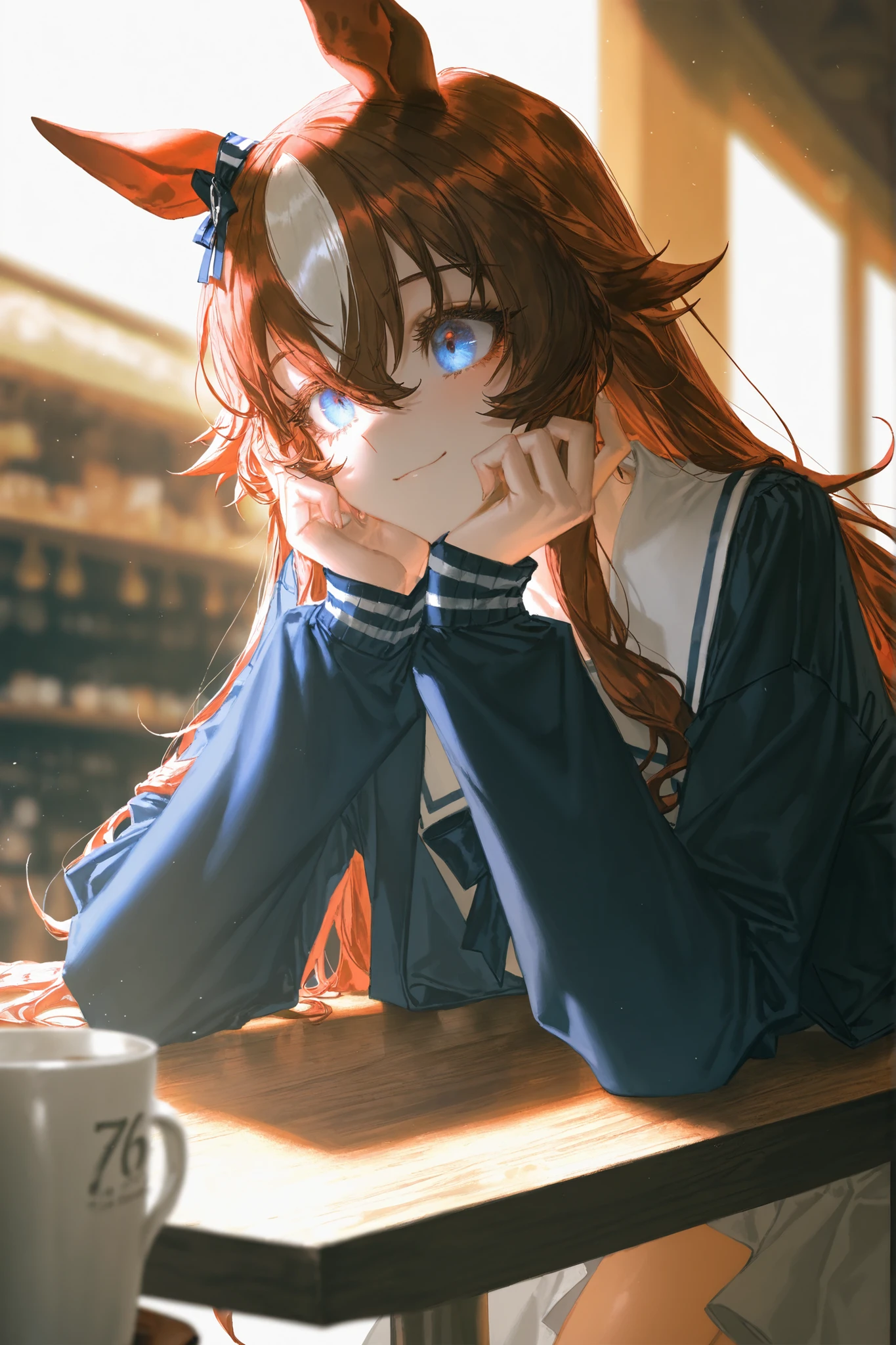 depth of field,light particles,lens flare,(artist:quasarcake:0.8),(artist:quasarcake:1.1),(artist:reoen:0.826446),artist:machi,(7769:1.21),extreme aesthetic,(wlop:0.6),wanke,rella,wanke,masterpiece,best quality,good quality,newest,year 2024,year 2023,very aesthetic,absurdres,perspective composition,A shot with tension,ultra-high resolution,32K UHD,sharp focus,best quality,masterpiece,Emotionalization masterpiece,unconventional supreme,masterful details,with a high end texture,in the style of fashion photography,(Visual impact:1.2),movie perspective,masterpiece,best quality,amazing quality,very aesthetic,absurdres,best quality,newest,masterpiece,best quality,good quality,
1 girl, solo, Machikane Tanhoiza \(Uma Musume\), long hair, Colorfull eyes, smile, cup on table, in cafe,