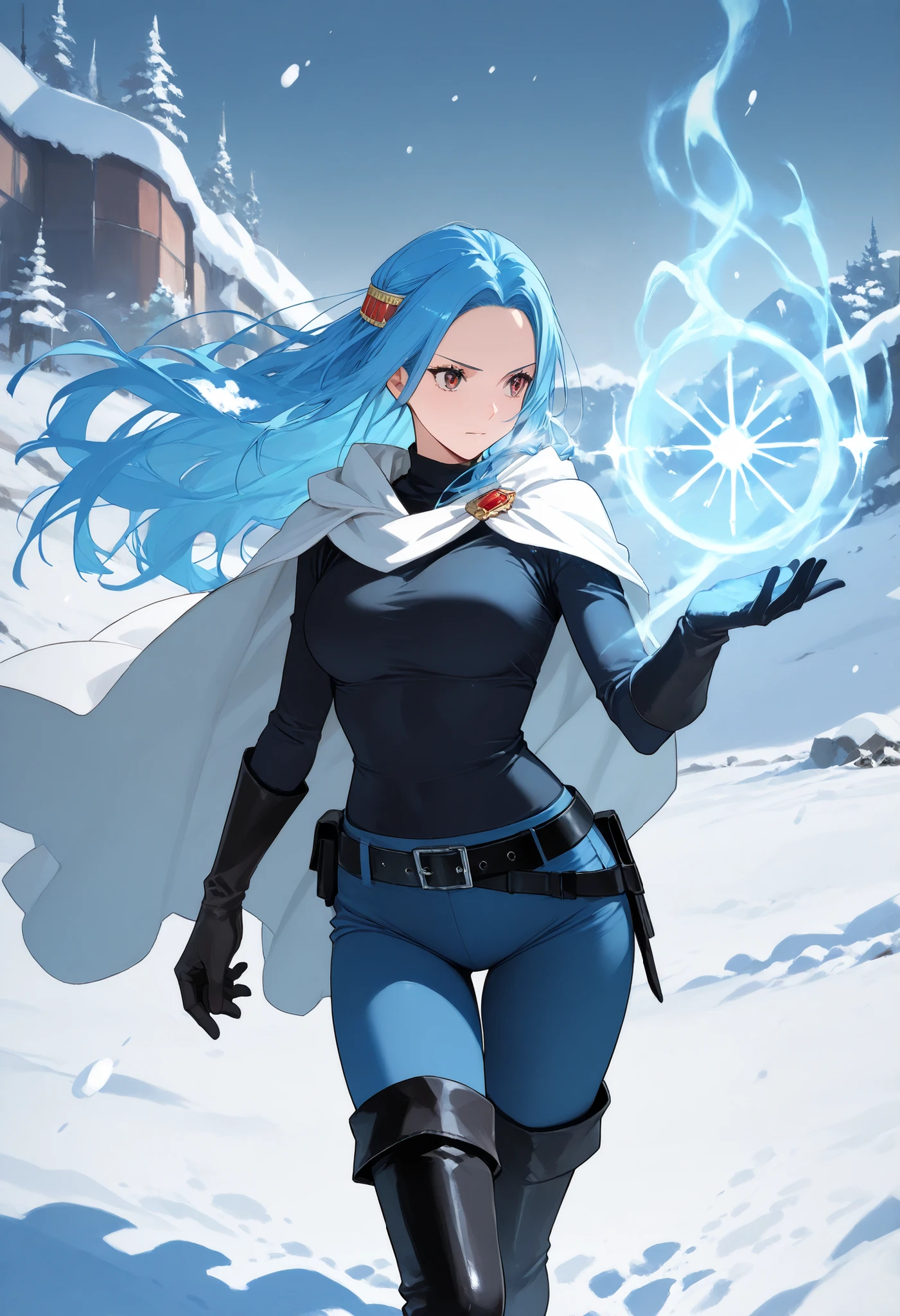 score9_up, score8_up, score7_up, solo, alone, masterpiece, best quality, nefertari-vivi, blue hair, brwon eyes, long hair, black boots, black thigh boots,blue pants, blue tight pants, black shirt, black belt, black gloves, black belt, white cape, snow, very beautiful, magic, snow magic, rude plan