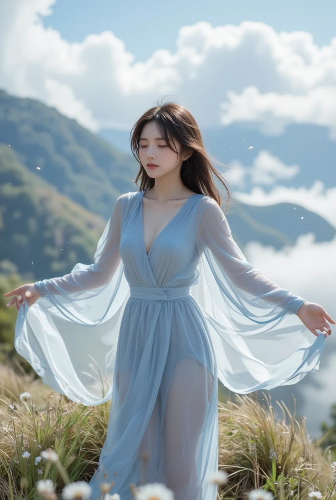 ((Top Quality)), ((Masterpiece)), ((Details)), upper body, ((close-up: 1.0)), More Saturation, strong reflections, bright shade, Place the girl in the foreground at large, "Veil of Serpentine Mist"
In a foggy lake, a young girl walks through the thin mist that hangs like a curtain. At her feet, a snake quietly slithers, but she moves forward unafraid. Beyond the mist, something awaits her.