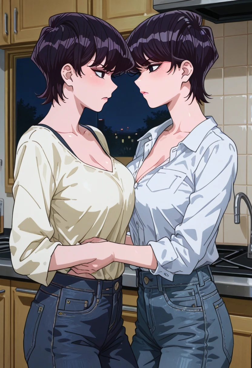 、(masterpiece、Highest quality)、Highest quality, Ultra-high resolution, (((masterpiece))), alone, Sweat、Big eyes, Composition from the front、Shortcuts、Embarrassed face、Bronze colored hair、Cut the back hair short、Bathroom、Shower scene、 Expose、Completely naked、pubic hair、belly button、Large areola、Nipples、short hair