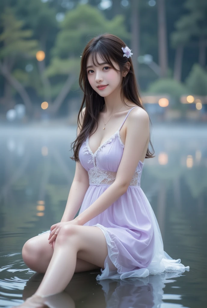 Sitting by a lake full of river lights, hands playing in the water, the art depicts a charming woman with 2 hands, 2 legs, a delicate face, a normal face, dressed in a flowing, silky traditional oriental dress, long, light purple, decorated with intricate patterns and bright colors. Her dress drapes elegantly over her curvy figure, accentuating her seductive silhouette. She sits gracefully by the tranquil lotus lake, her feet playing in the water, bathed in the soft glow of the moonlight. The scene exudes an ethereal and dreamy atmosphere, with a touch of mystery and sexiness. The graphic style blends watercolor and digital illustration techniques to evoke a refined beauty and charm. The lights are filled with soft moonlight, casting soft highlights and shadows on her charming features. Bare thighs, big breasts, three-dimensional facial features, sitting, upturned legs, 1 side braid, translucent turtleneck undershirt