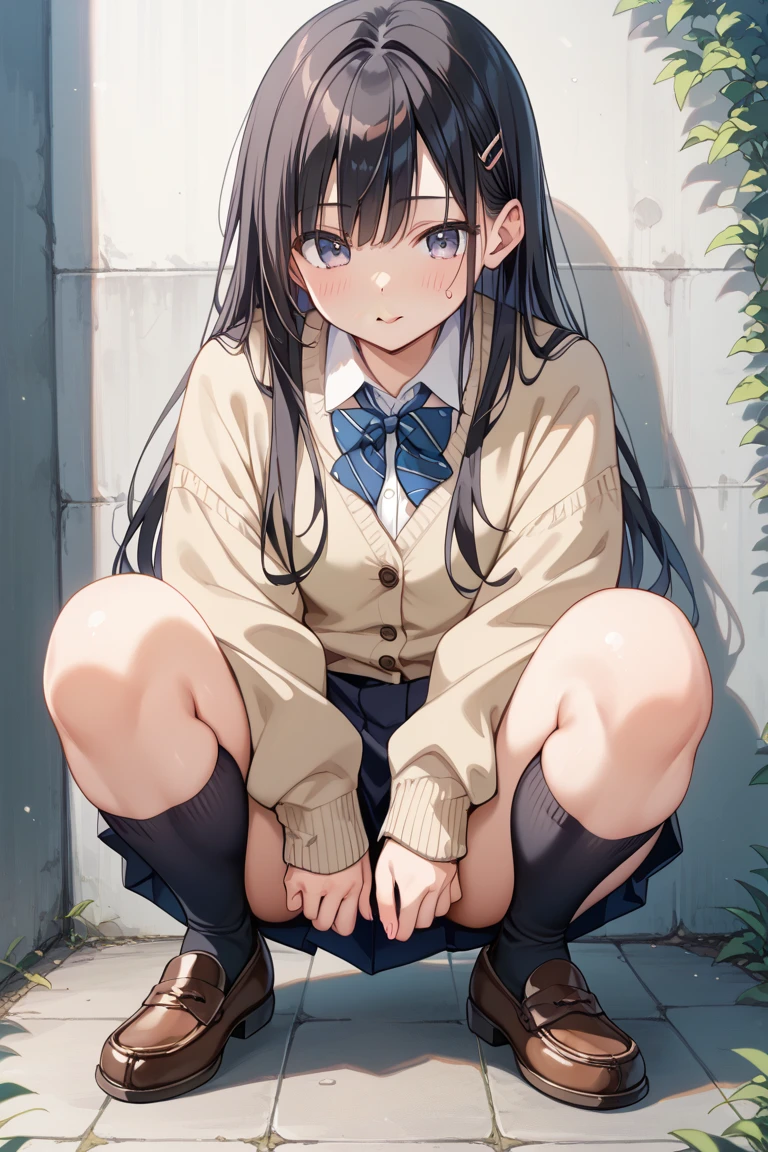 very cute and beautiful girl,(Very detailed美しい顔), (smile),blush,Black Hair,Seraphim,(White Hair、long hair),(White Shirt、Pleated navy blue pread your legs、Squat)、Sitting、(From below)、(Lace panties), Country road, (Highest quality,masterpiece:1.0),Absurd,High resolution,Super detailed,Very detailed,32K,8k resolution, Intricate details,Movie Scenes,Detailed Background,alone,Dynamic Angle,