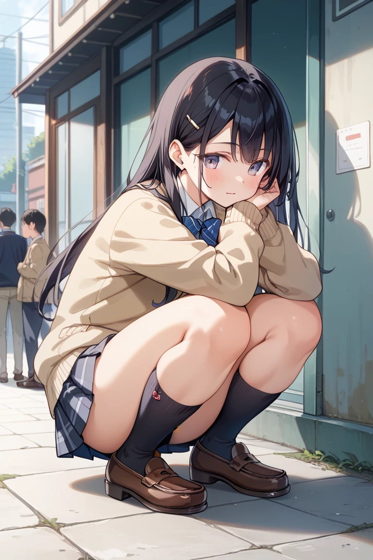 schoolgirl, Brown hair, Medium hair, Sailor suit, (Naked:1.1), Nipples (Blushing:1.0), Detailed face, Roadside, POV crouching,Expose the inside of your legs