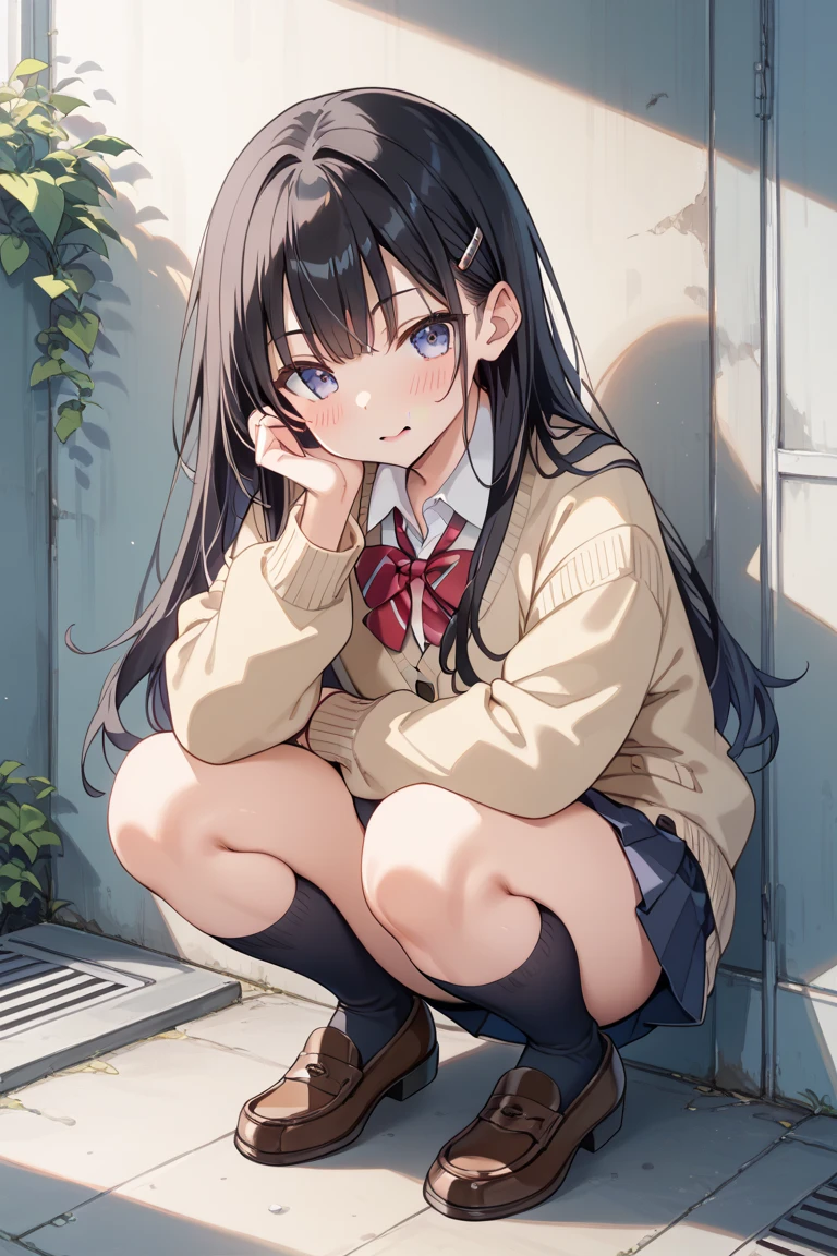 hight resolution、Hi-Res、masterpiece、Cute girl in mini skirt sitting on the ground with her knees upright、Look upwards while blushing