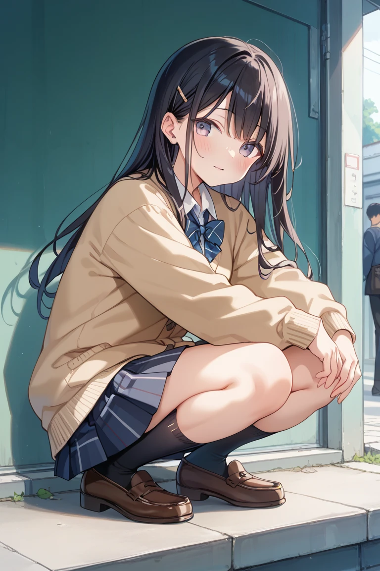 Masterpiece Top Quality High Resolution、(Cardigan), Sit with your knees bent、, Long sleeves, (chronograph skirt),micro skirt, Pleated skirt, beauty legs 、in a school、As if looking up from below、Ashamed