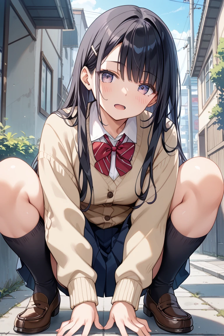 A 16-year-old high school girl with long black hair and wearing a school uniform is squatting down with tears streaming down her face.