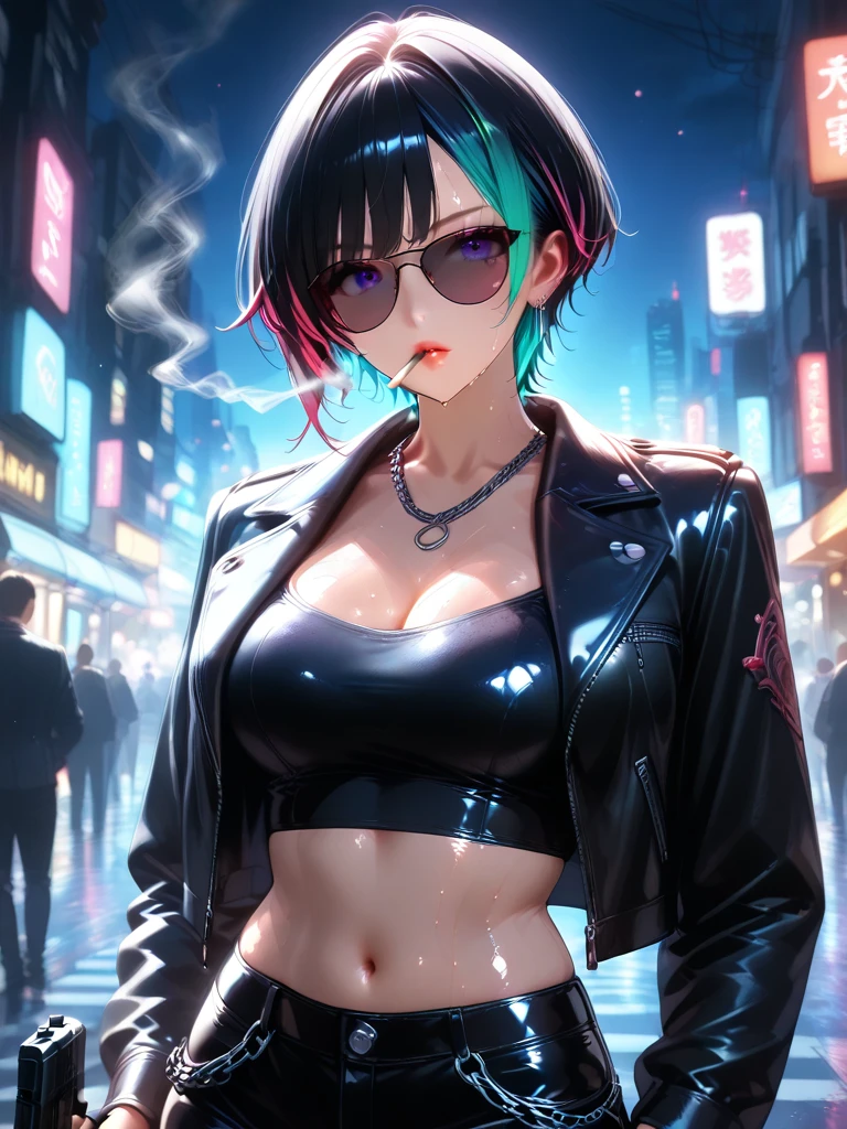 Maximum image quality, outstanding details, anime style, ultra high resolution, (Realism: 1.4), the best illustration, favor details, 1 very condensed girl, with a delicate and beautiful face, confident expression, purple and green hair with bob cut, wearing military jacket, black top, Short shorts, fishnet stockings, high heel boots, round yellow lenses, sharp teeth, big breasts, defined waist and wide thighs, in a bar at night, neon lights lighting.
