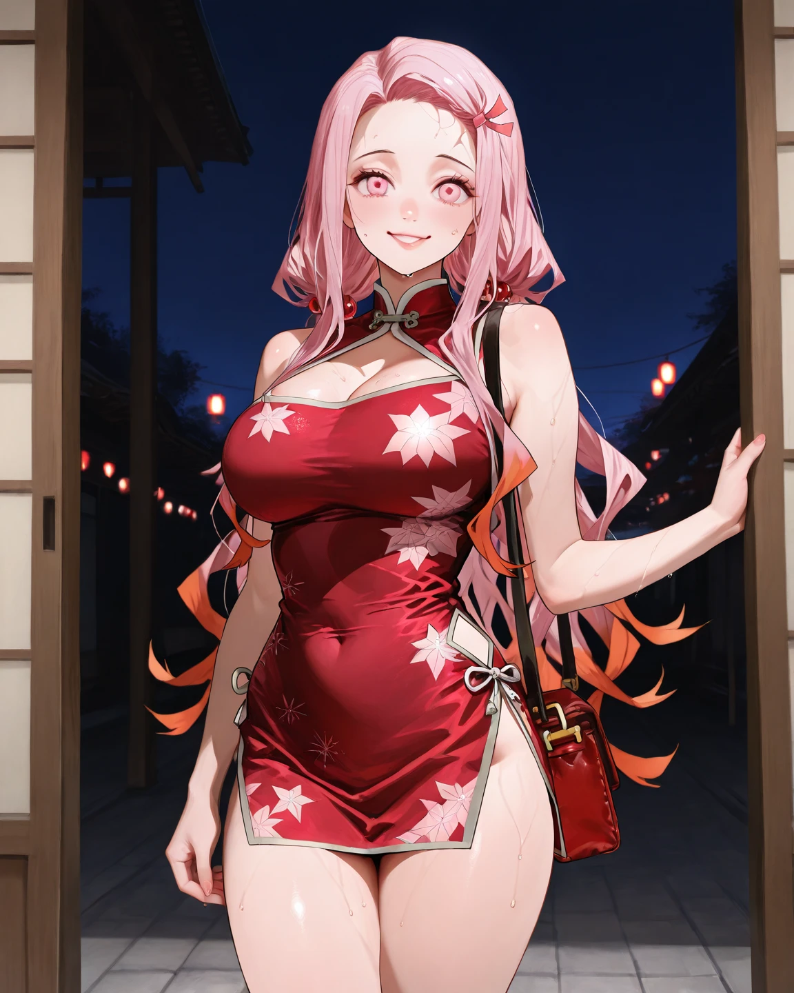 Super detailed, ((one personの少女)), (Pale skin:1.4), Pastel colored gal, (Heavy makeup), (Professional Lighting) Super detailed, absurdes, 8K, Beautiful Face, (Laugh shyly), ((Teasing Smile:1.8)), ((wink:1.7)), (Laugh with your mouth wide open),((Tilt your face:1.6)), View your audience, ((Bright red cheeks:1.6)),Glossy Red Lips, ((Big Breasts:1.6)), ((Take off:1.2)), noon, Shrine Festivals,stall, ((Licking a candy apple stick:1.3)), ((Anime style background)),masterpiece, Highest quality, so beautiful,up to date, complex details, (Pink long nails), (nail art), (ring),(bracelet), (Floral Choker),AI-generated, complex,High resolution, Highest quality, super high quality,3D Images、3D Images,one person,Pastel pink long hair,(High Ponytail), (Wavy Hair:1.3), Pastel colored anime woman posing for a photo, ((fine grain、blue eyes、Glowing Eyes:1.4)), (Squint your eyes:1.1), (one eye closed:1.6), a hyperRealistic , hyperRealistic , Realistic,Anime woman with long pastel pink hair, Smooth anime CG art, A girl wearing a gorgeous kimono in pastel colors, ((Pastel-colored furisode)),(Pink large floral pattern), (Side bust), Long flower hair ornament,Floral Earrings, Mature Body, expensive,Tight waist,((From the side)), ((Leaning forward:1.2)),