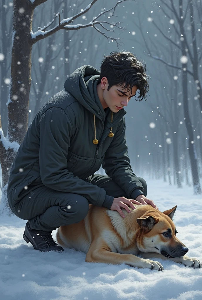 Old dog abandoned , black dog, snow fall, swing , park, Teenage man with a old dog , hug a dog, 17 year old male teenager