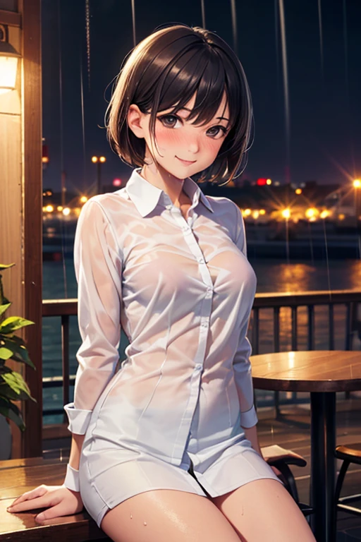 (8k, top quality, masterpiece: 1.2), (realistic, photorealistic: 1.37), super detailed, girl 1 person, , solo, small breasts, beautiful detailed sky, detailed café, night, (blush), (smile: 1.15), (closed mouth), small, (shirt with collar: 1.1), night, wet, office clothes, rain, white lace, (short hair: 1.2), floating hair NovaFrogStyle, random sexy poses,