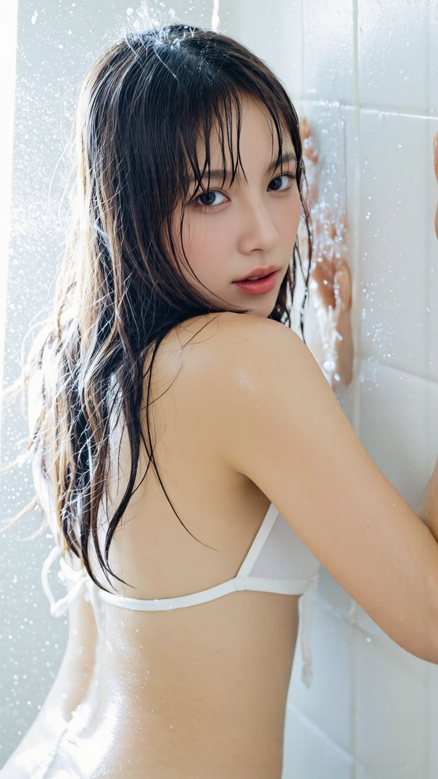 cute 26 year old,1 girl,slim face ,8K,Super realistic image quality,dynamic shadow,Medium chest full nude,small butt,sparkling eyes,clear black eyes,in the shower room,During the shower,splash of water,Steamy shower room, ((face close )),((A smile showing white teeth)),((Soaking wet long hair)),((very short bangs)),close, 8K, Raw photo, highest quality, masterpiece,realistic, photo-realistic,