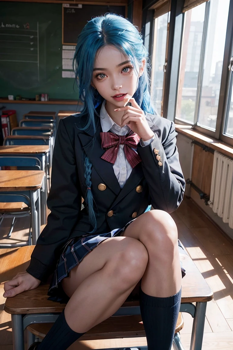 realistic, High resolution, soft light,1 female, alone, waist rises high, (detailed face),tattoo, jewelry, ((girl sitting in school classroom)),black haired、shortcut,wear、((white blazer、check skirt、style,chest is low, long hair、((ponytail))、((Panty shot))、((mix4))、((exterior々color panty abe々colored hair))