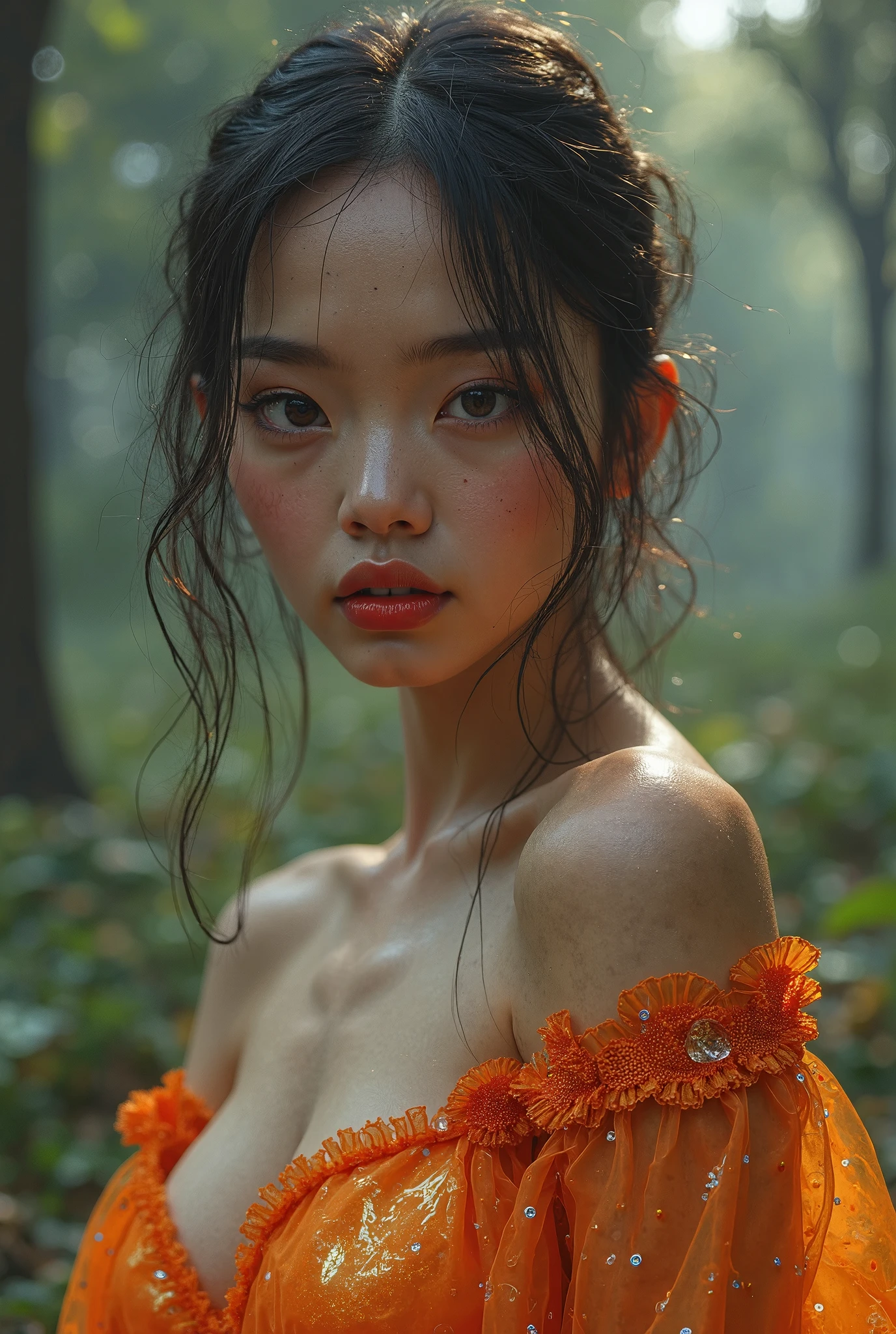 highly detailed, 8k, masterpiece, 1girl, black_curly_hair, nude, smile, (perfect_face), bound, close-up, bdsm, on_back, ornate, intricate, dramatic lighting, 4k, detailed_background, caustics, full_body, ((in the style of metart)) half-asian, mixed asian-european, bronze skin ((film grain, soft lens)) in a garden, wild orchard, surrounded by fruit bearing trees