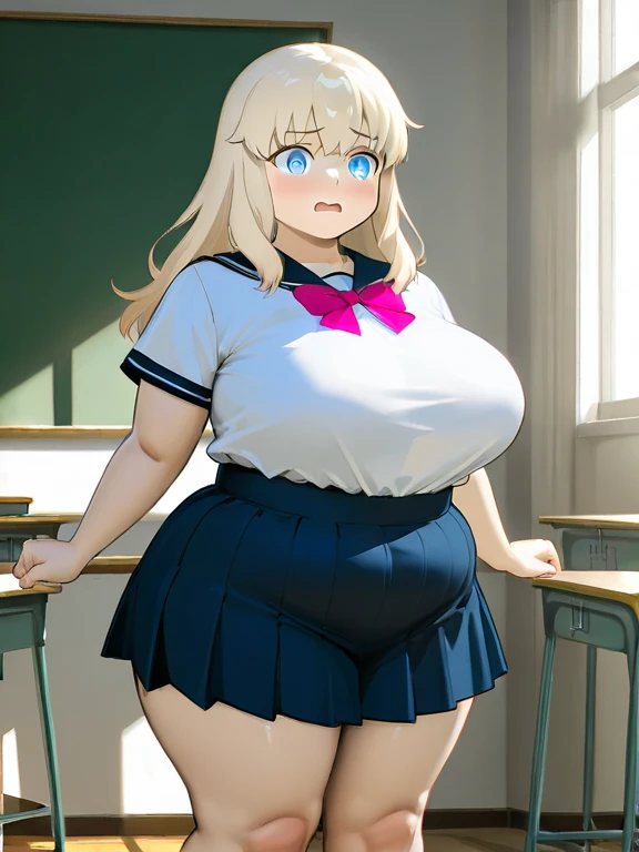 masterpiece, best quality, highres, school girl, school uniform,blue skirt, glasses,from , blonde hair,thin waist,huge breasts, huge hips, in a yard, white thighhighs,self belly grab , sweaty, curly hair
