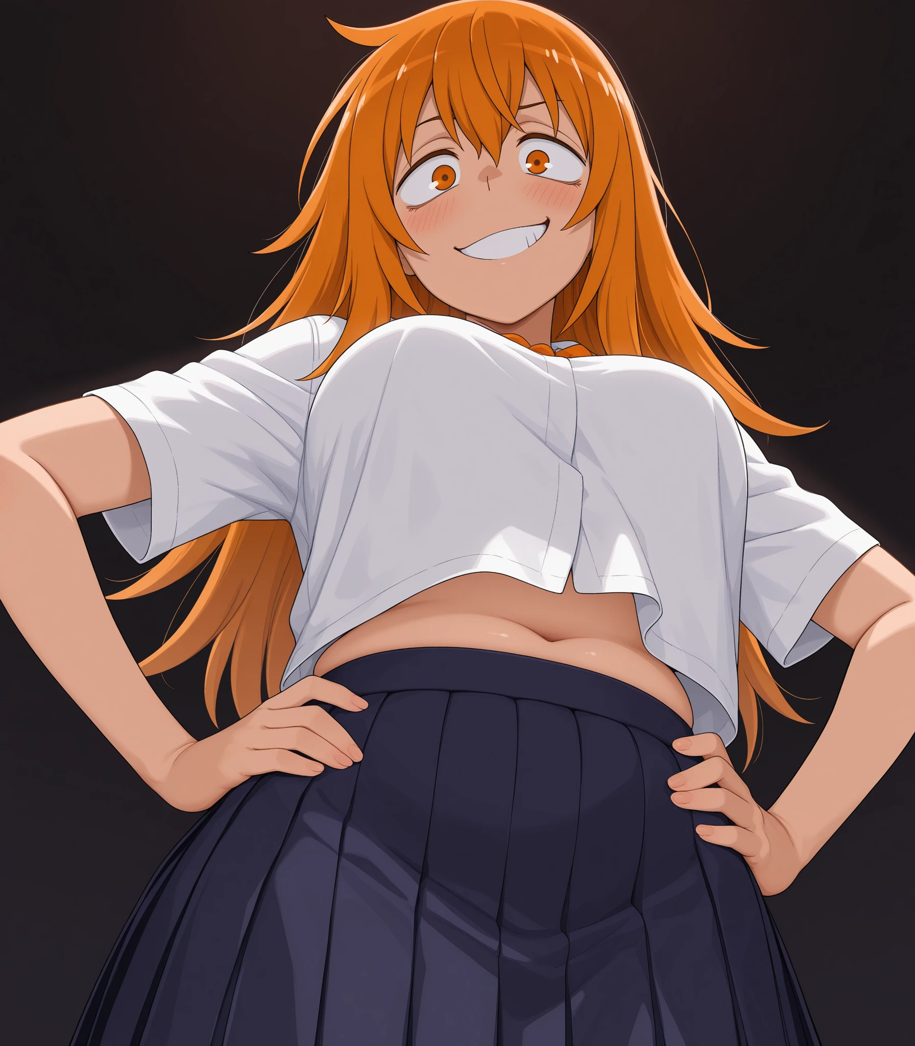 1girl, solo, hinakodesu2, (orange hair:1.2), (long hair:1.2), orange eyes, gloves, standing, large breasts, masterpiece, best quality, highly detailed, a anime girls in sailor uniforms with a gun posing for a picture,
evil smile, smile, open mouth,black_serafuku, ecchi anime style, anime girls , (nsfw) not safe for work,
ecchi style, ecchi, shipgirls, digital anime art!!, high school girls, in anime style, official artwork, beautiful
anime high school girl, anime style 4 k, micro skirt, exposed belly, exposed navel, exposed midriff,
exposed lower belly,school, classroom, lipstick,open arms sideway, arms T-pose, smirk, standing, anime girl T posing