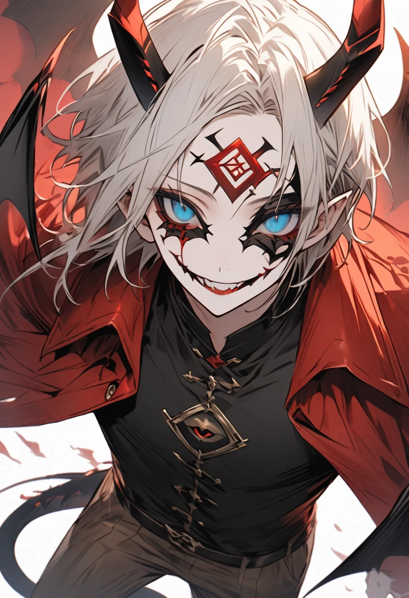 boy, white hair, long straight hair, red eyes, wild smile, sharp teeth, pointed ears, beige skin, white sweater, black cargo pants, red tribal tattoos, facial red tattoo, feather necklace, high quality, high details, 4K, anatomically correct