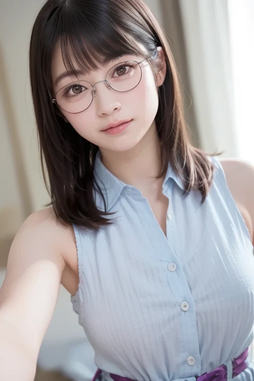 araffe asian woman with glasses smiling in a bedroom, with glasses, wore glasses, with square glasses, wears thin, large round glasses, 小さな丸Glassesをかけている, with glasses on, Glasses, Chiho, girl with glasses, 丸Glassesをかけた女の子, ( ( Glasses ) ), Yoshitomo Nara, high quality portrait