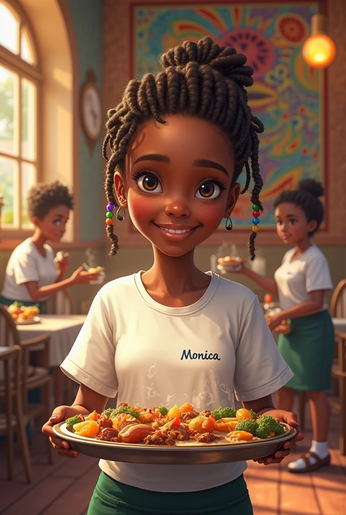 create Disney pixar inspired movies poster’s.focused on black American fat chubby lady with big smile, small eyes wearing black crop top with long floral skirt and pinch bag 3D image