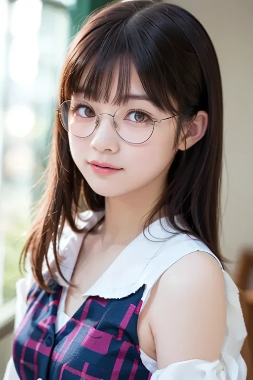 (masterpiece, highest quality, highest quality, )(8K,real photo,Raw photo)detailed face,japanese idol,cute face,natural makeup,((glasses)),random hairstyle,sexy pose,sexy outfit,Upper body,looking at the camera