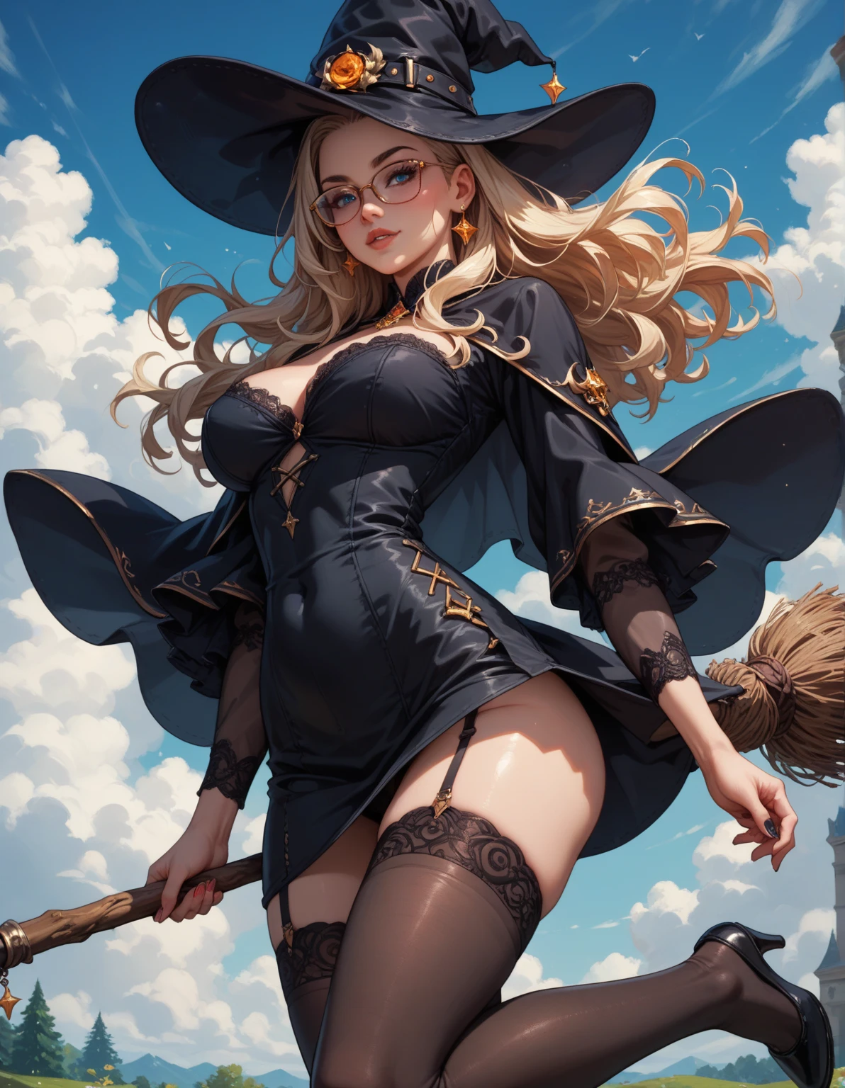 masterpiece, best quality, ultra-detailed, illustration, witch hermione, solo, fantasy, flight, broom, night sky, outdoors, magic, spells, moon, stars, clouds, wind, hair, large breasts, sculptural body, cape, hat, boots, sensual lingerie, shaggy clothing, broomstick, intense mist, shining, mysterious,, voluptuous, evil, adventurer, freedom, wonder, imagination, seductive, skill, speed, movement, energy, realism, naturalistic, figurative, representational, beauty, fantasy culture, mythology, fairy tales, folklore, legends, witches, wizards, magical creatures, fantasy worlds, composition, scale, foreground, middle ground, background, perspective, diffused light, color, texture, intricate details, 8k